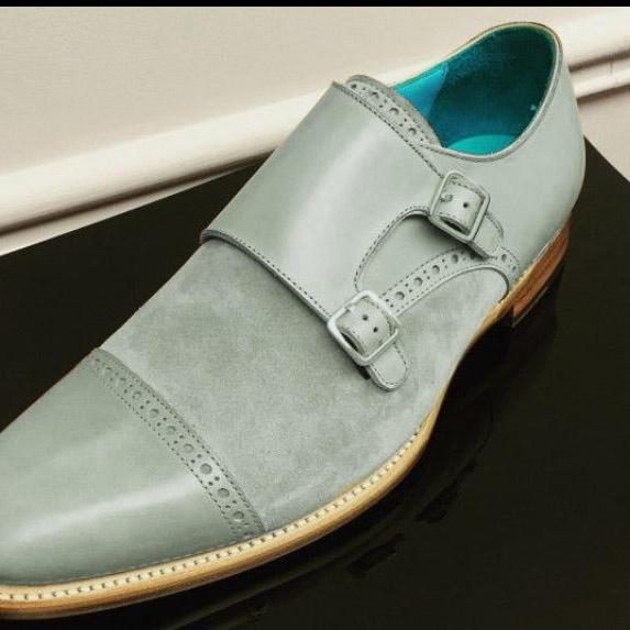 Handmade Men Gray Oxford Fashion Cap Toe Monk Shoes