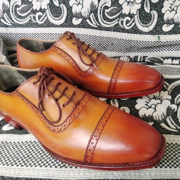 Luxury Hand Stitched Brown Cap Toe Lace Up Genuine Leather Shoes 