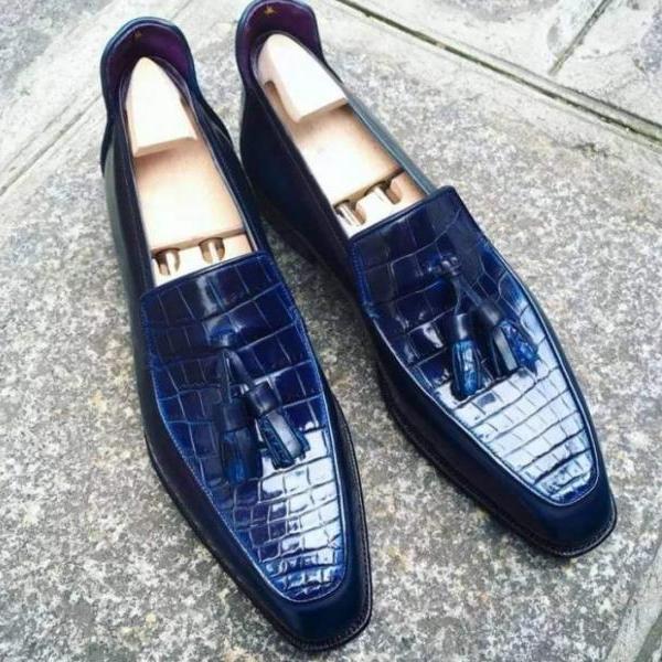 Luxury Handmade Men Navy Blue Alligator Penny Loafers Formal Shoes