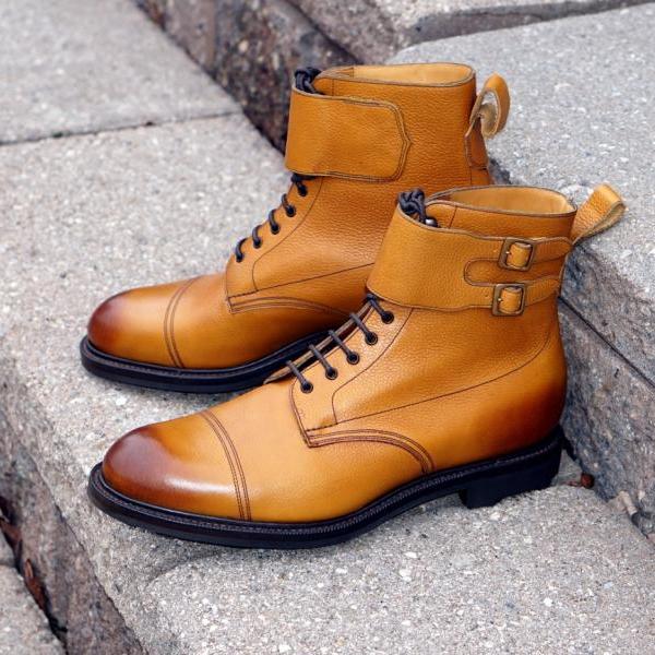 Men Tan Leather Decent Captoe Multi Fastening Leather Ankle High Boot