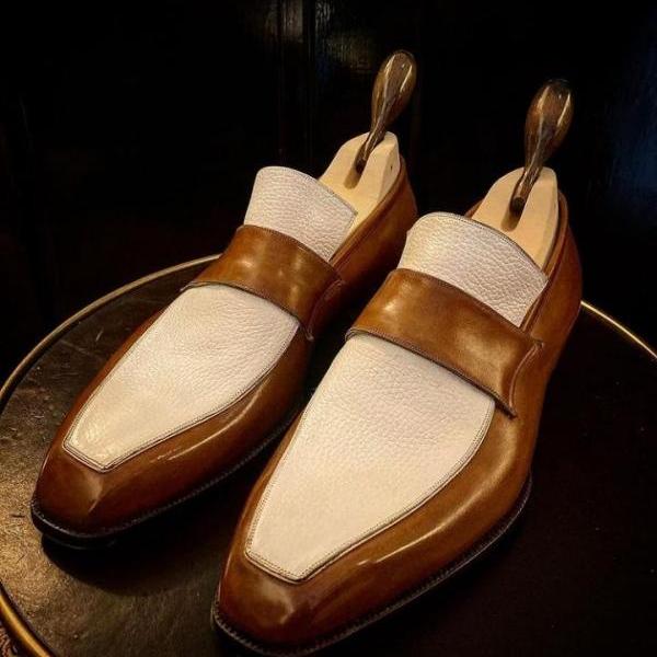 Handmade Men Brown White Decent Leather Formal Sale Price Shoes