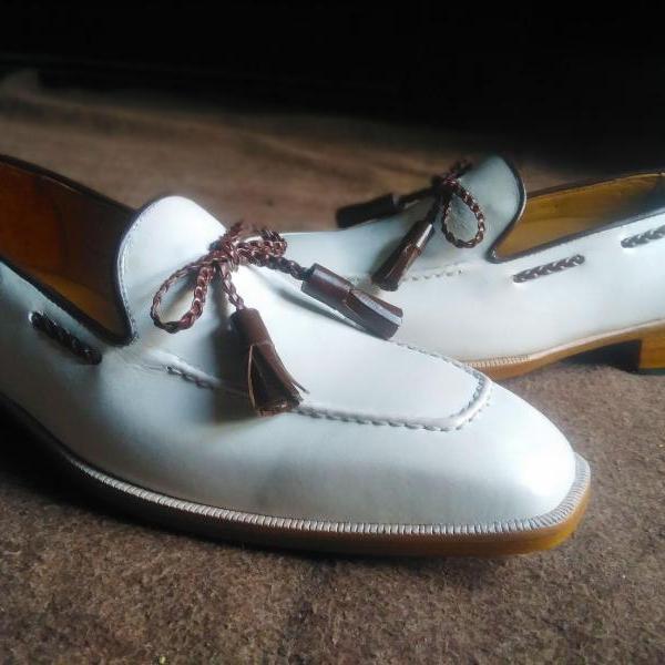 Mens White Leather Loafers Handmade Shoes