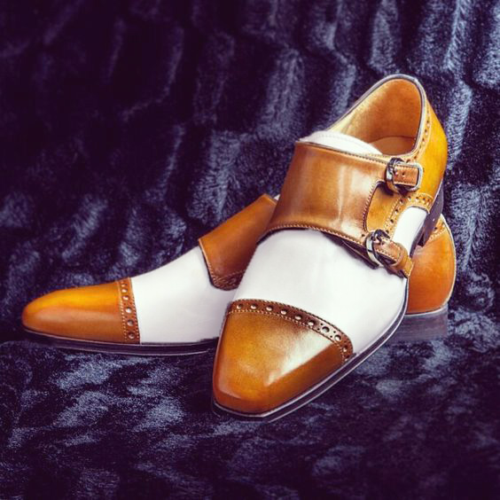 Men's Brown White Leather Skin Couture Handmade Double Monk Strap Shoes