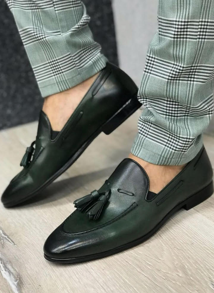 Men Awesome Handmade Decent Greenish Tone Slips Tassels Loafer On Shoes ...