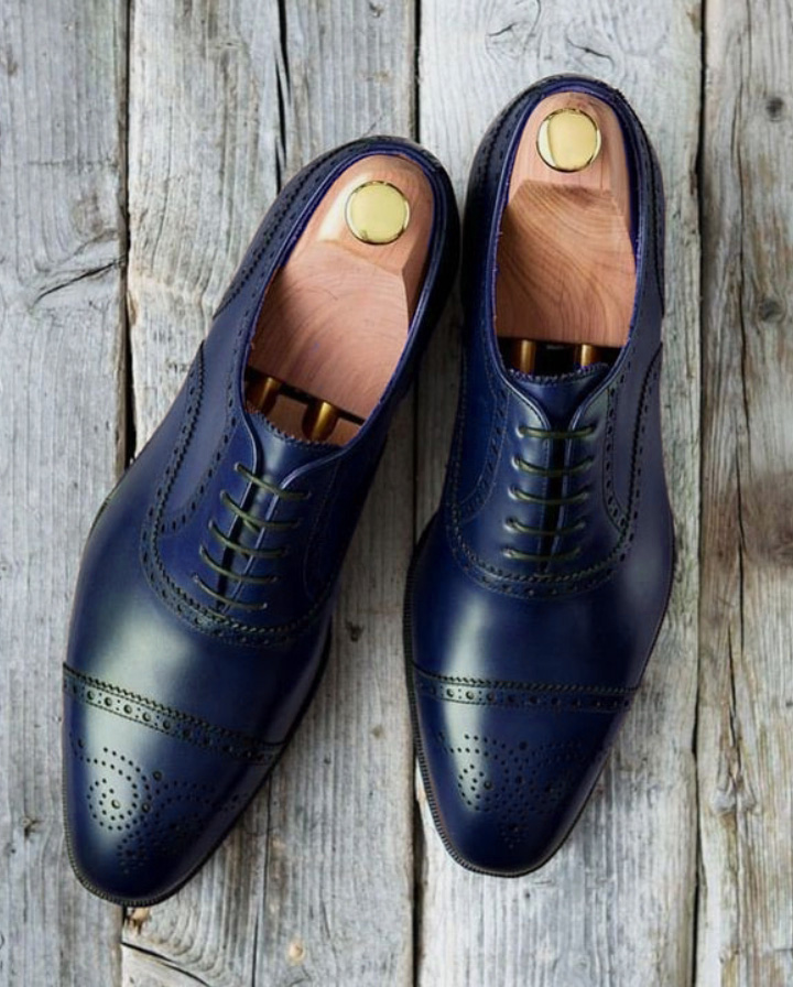 Blue Leather Oxford Cap Toe Brogue Shoes on Luulla
