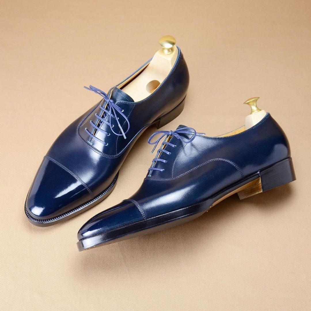 Handmade Leather Oxford Navy Blue Color Cap Toe Formal Dress Shoes For Men S On Luulla