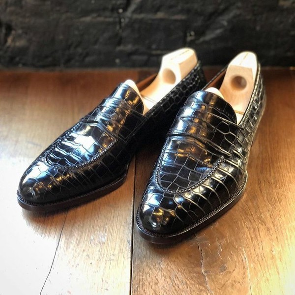 Handmade Black Crocodile Skin Loafer Style Quality Leather Shoes on Luulla